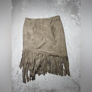 NWT Neiman Marcus Asymmetrical Hem Faux Suede Tan Boho Fringe Mini Skirt Medium